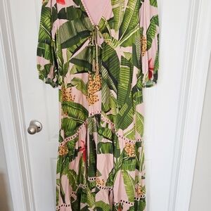 FARM Rio Tropical Leaf Maxi Dress - Green and Pink